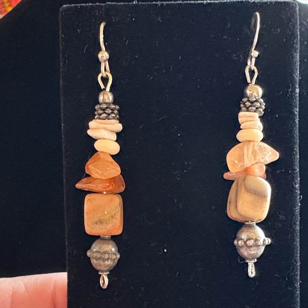 Hand Crafted Orange Stone and Silver Earrings